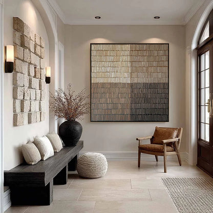 EARTHEN RHYTHM: Minimalist Textured Beige Grid Painting | gold frame stretched on neutral wall