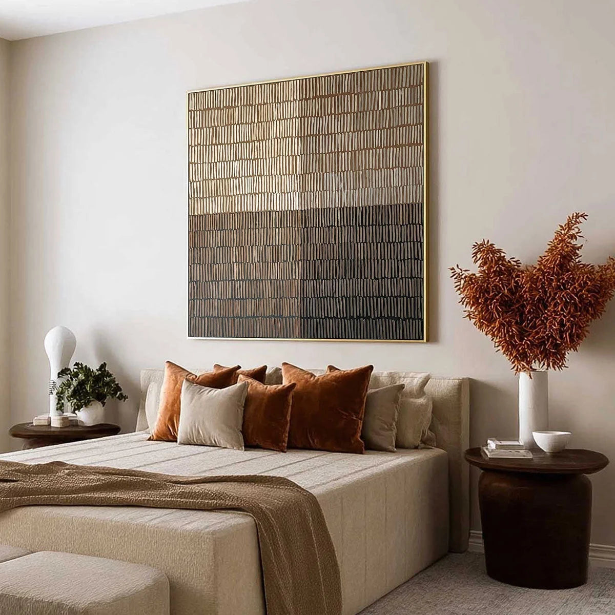 EARTHEN RHYTHM: Minimalist Textured Beige Grid Painting | rolled canvas, ready for custom framing