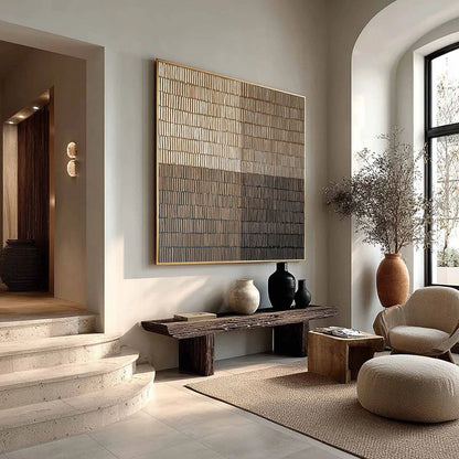 EARTHEN RHYTHM: Minimalist Textured Beige Grid Painting | black frame version on white wall
