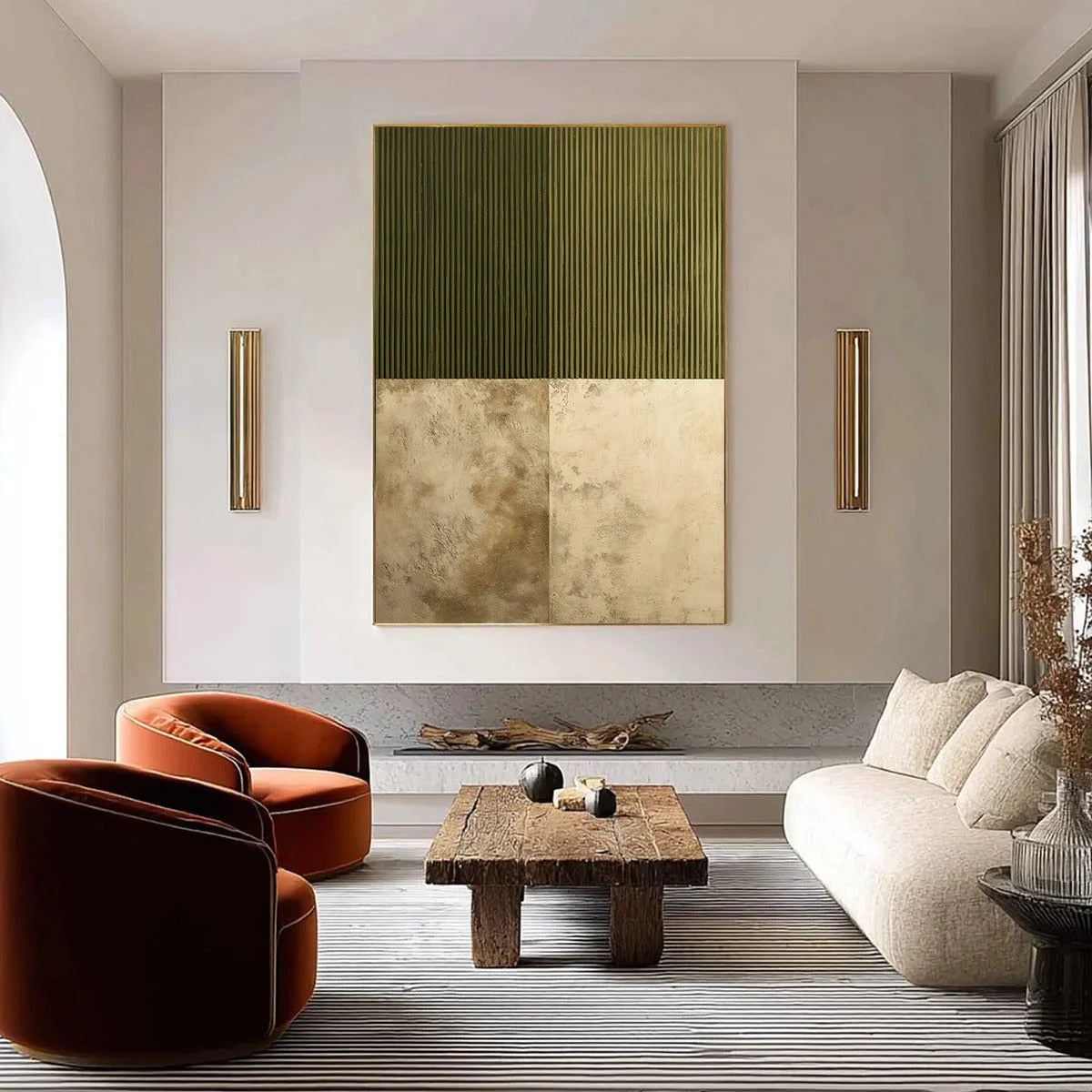 EARTHEN RHYTHM: Textured Minimalist Abstract Painting in Green and Beige | Minimalist closeup, raised brushwork detail