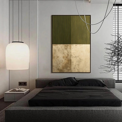 EARTHEN RHYTHM: Textured Minimalist Abstract Painting in Green and Beige | gold frame stretched on neutral wall