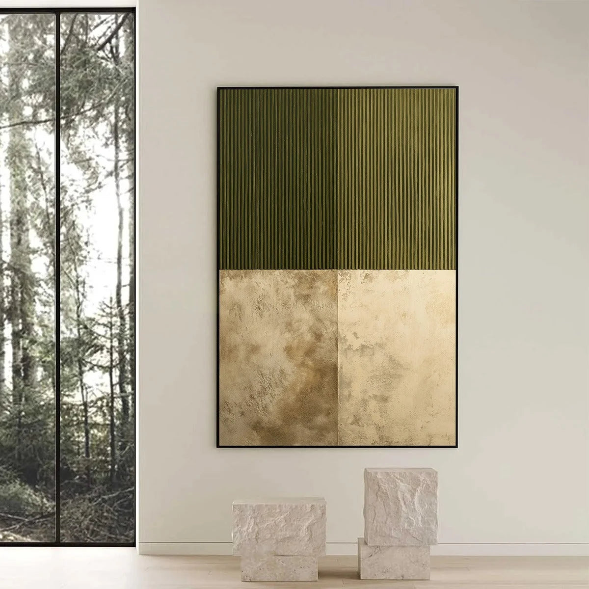 EARTHEN RHYTHM: Textured Minimalist Abstract Painting in Green and Beige | black frame version on white wall
