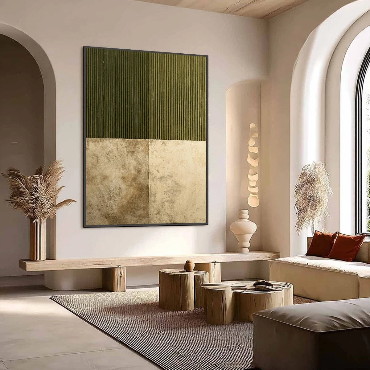 EARTHEN RHYTHM: Textured Minimalist Abstract Painting in Green and Beige | Minimalist mood, soft natural light studio shot