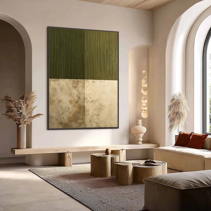 EARTHEN RHYTHM: Textured Minimalist Abstract Painting in Green and Beige | Minimalist mood, soft natural light studio shot