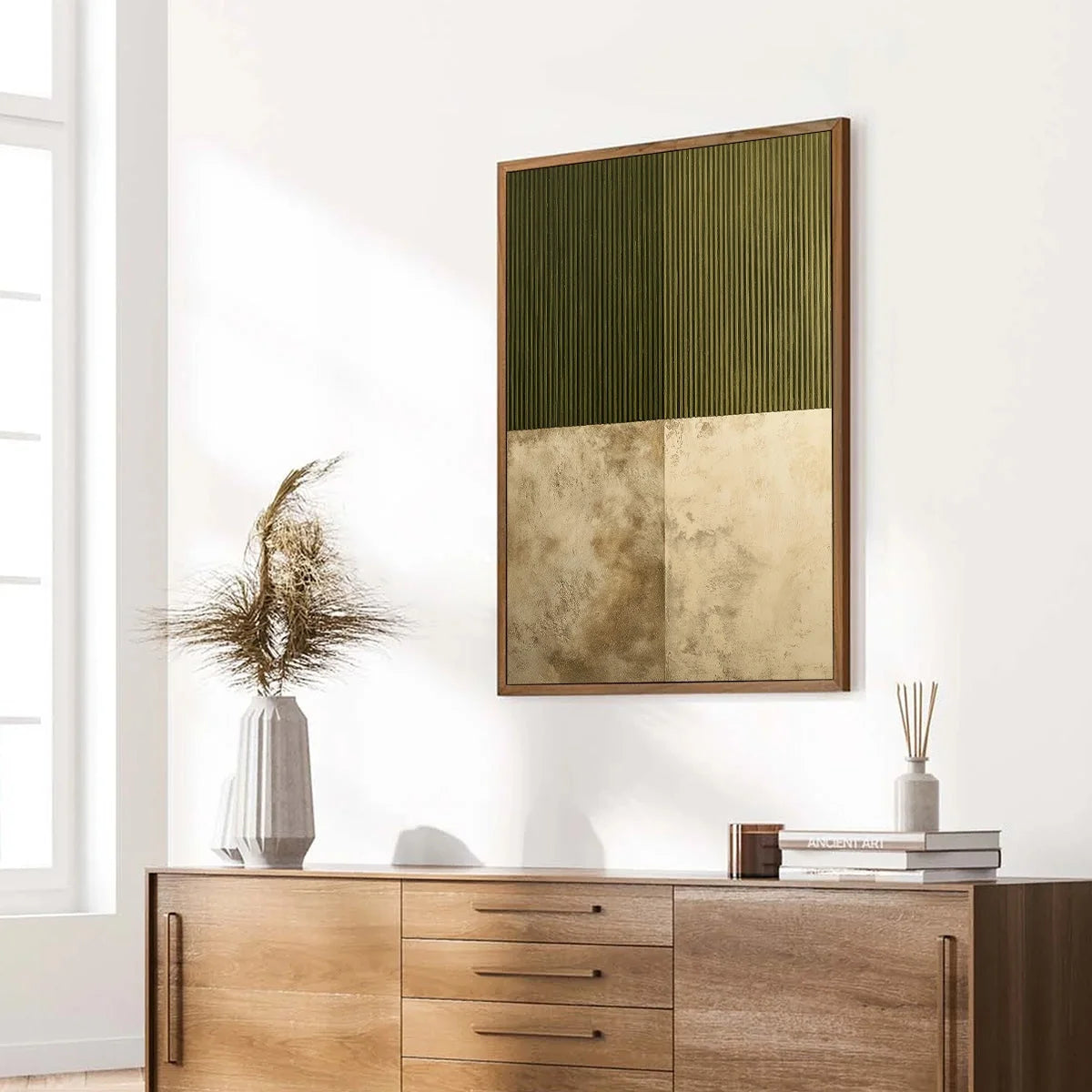 EARTHEN RHYTHM: Textured Minimalist Abstract Painting in Green and Beige | green palette, original Hand-painted on premium stretched canvas using artist-grade oils; rich layered surface combines sm...