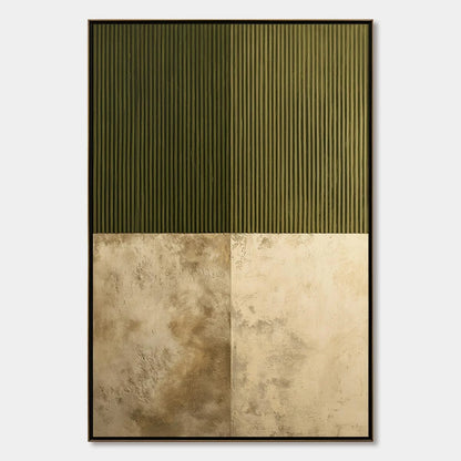 EARTHEN RHYTHM: Textured Minimalist Abstract Painting in Green and Beige | hanging in EARTHEN RHYTHM: Textured Minimalist Abstract Painting in Green and Beige featuring layered textured brushwork i...