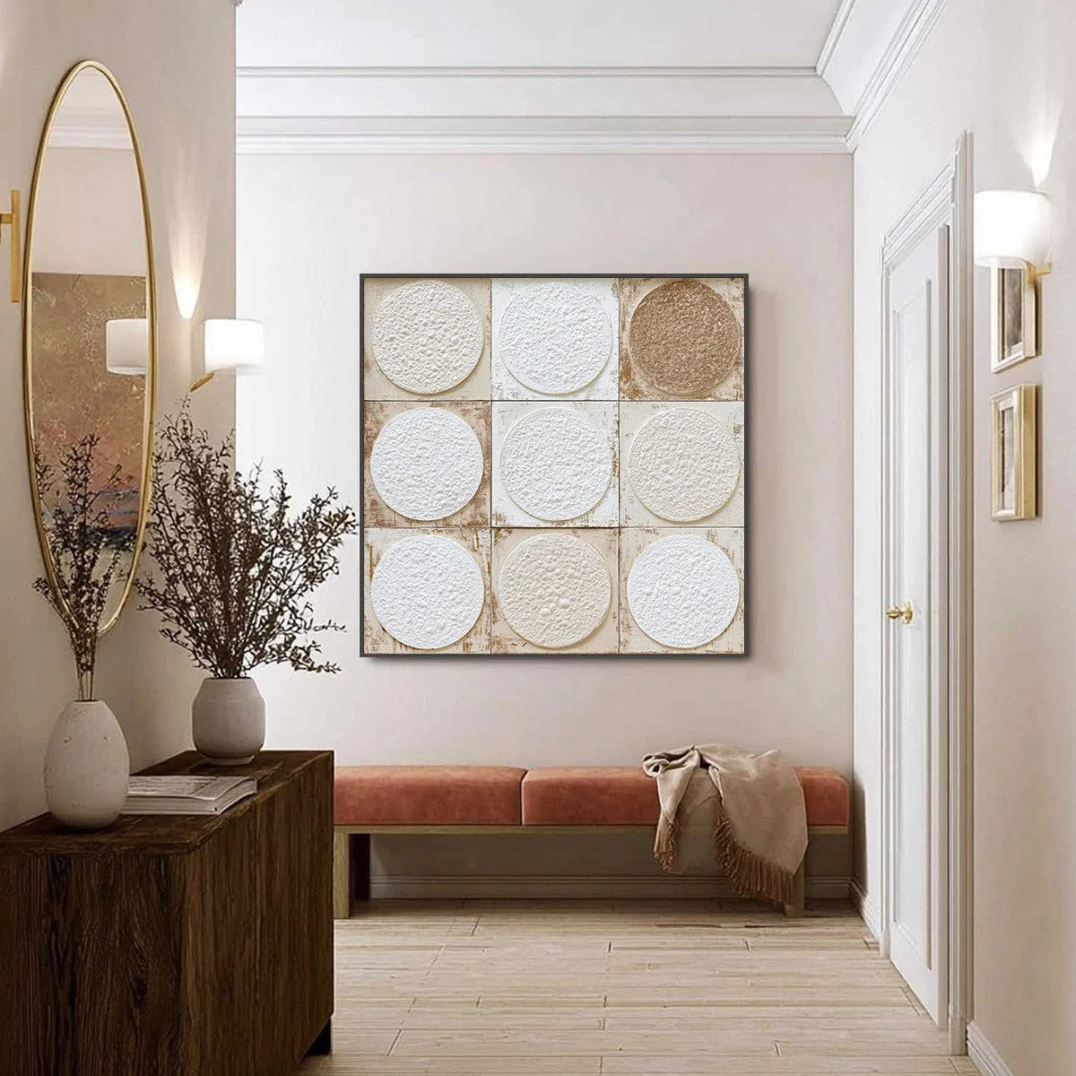 EARTHEN RHYTHM: Textured Wabi Sabi Abstract Painting for Minimalist Decor | black frame version on white wall