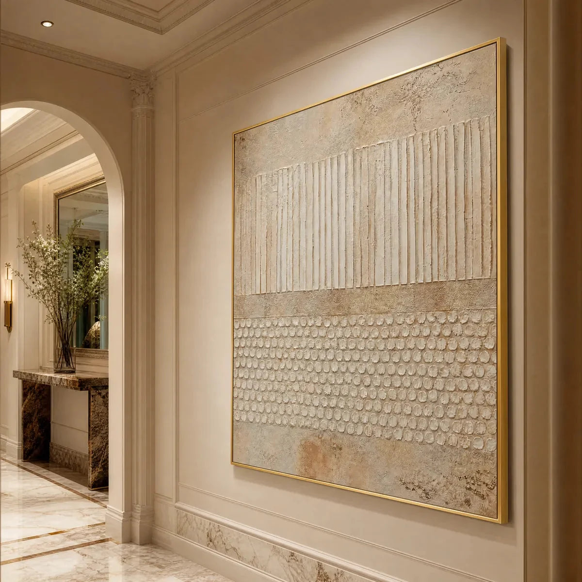 EARTHEN RHYTHM: Vertical Wabi-Sabi Textured Abstract Wall Art | gold frame stretched on neutral wall