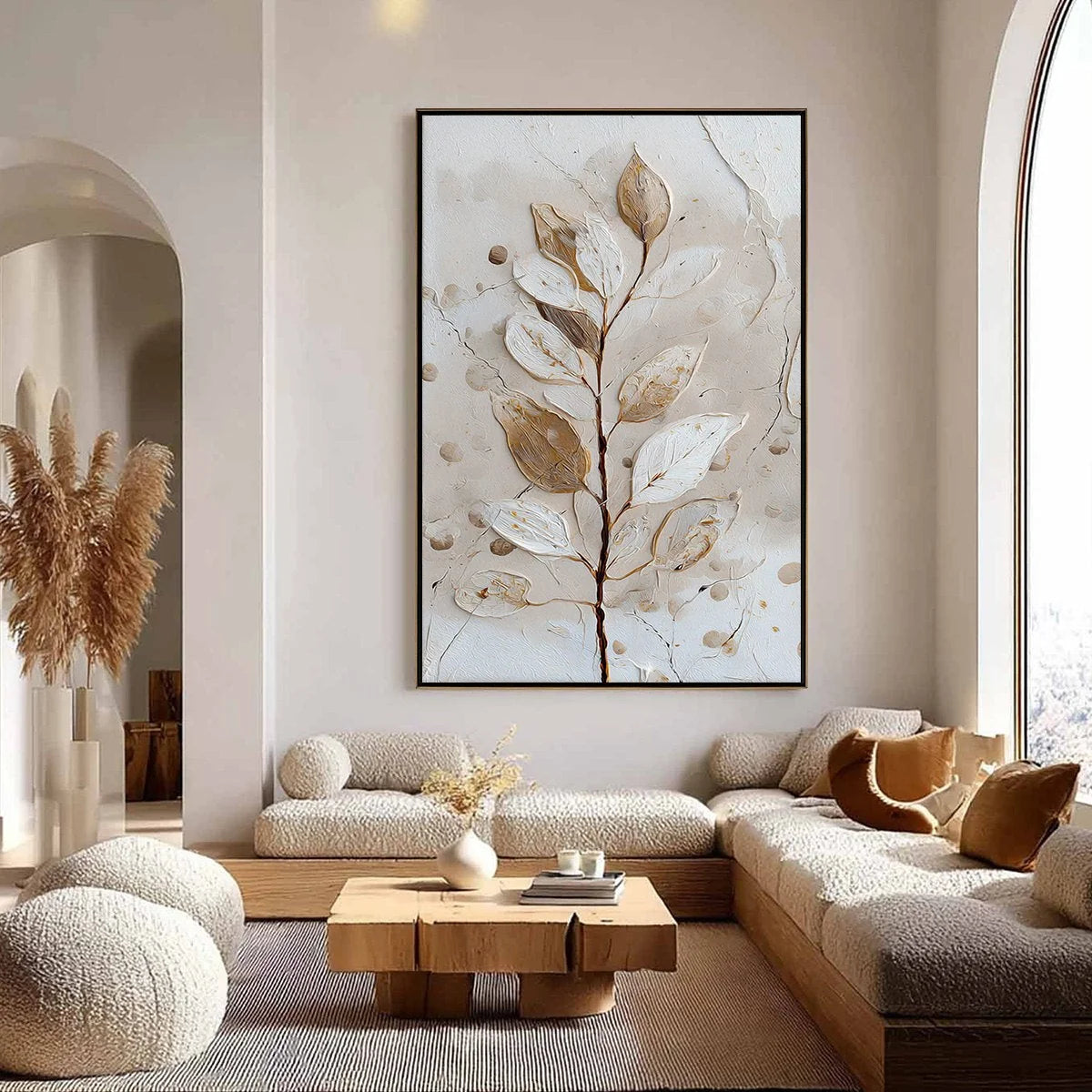 EARTHEN SPRIG: Textured Wabi Sabi Botanical Wall Art | gold frame stretched on neutral wall