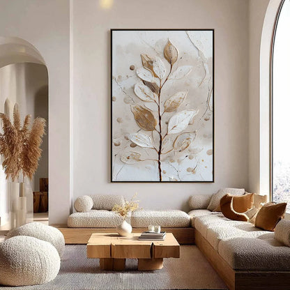 EARTHEN SPRIG: Textured Wabi Sabi Botanical Wall Art | gold frame stretched on neutral wall