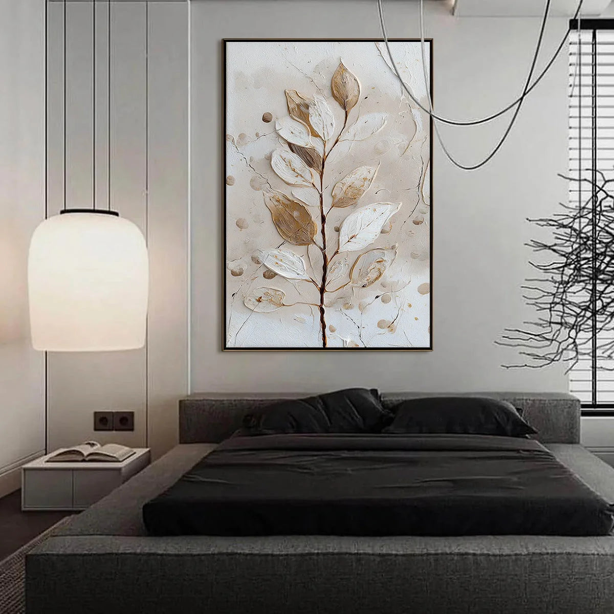 EARTHEN SPRIG: Textured Wabi Sabi Botanical Wall Art | black frame version on white wall