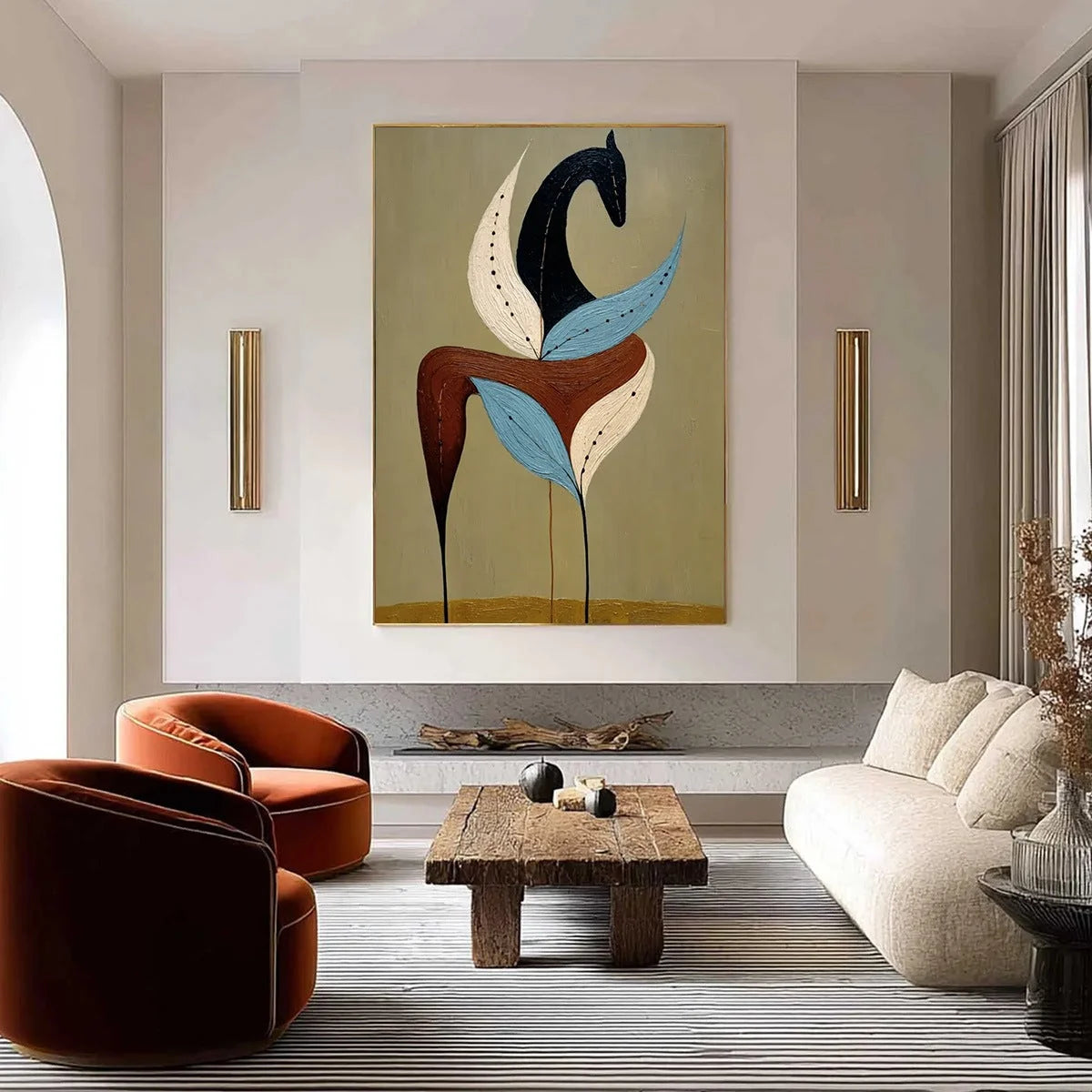 EARTHEN STEED: Textured Wabi Sabi Abstract Horse Painting | gold frame stretched on neutral wall