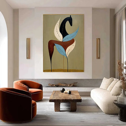 EARTHEN STEED: Textured Wabi Sabi Abstract Horse Painting | gold frame stretched on neutral wall
