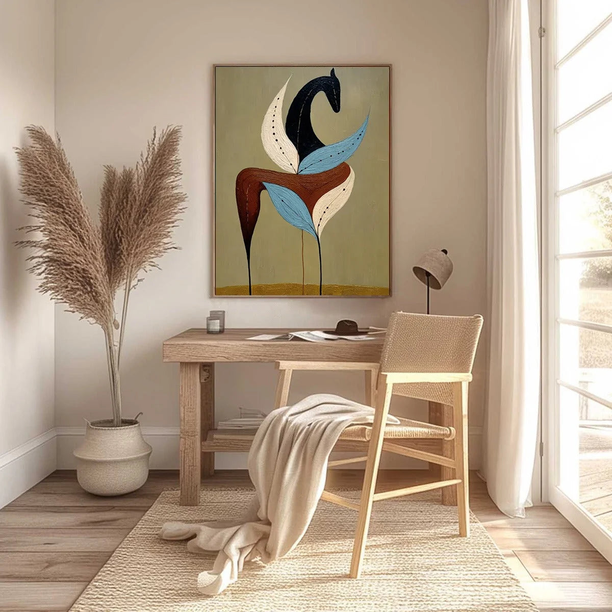 EARTHEN STEED: Textured Wabi Sabi Abstract Horse Painting | black frame version on white wall