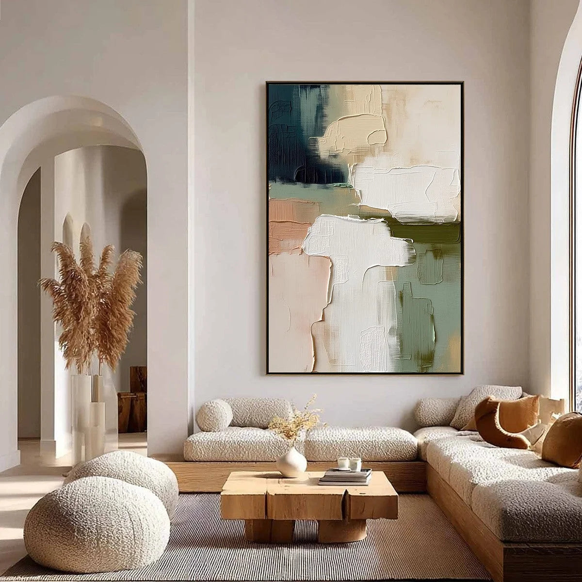 EARTHEN STRATA: Heavily Textured Wabi Sabi Abstract Oil Painting | gold frame stretched on neutral wall