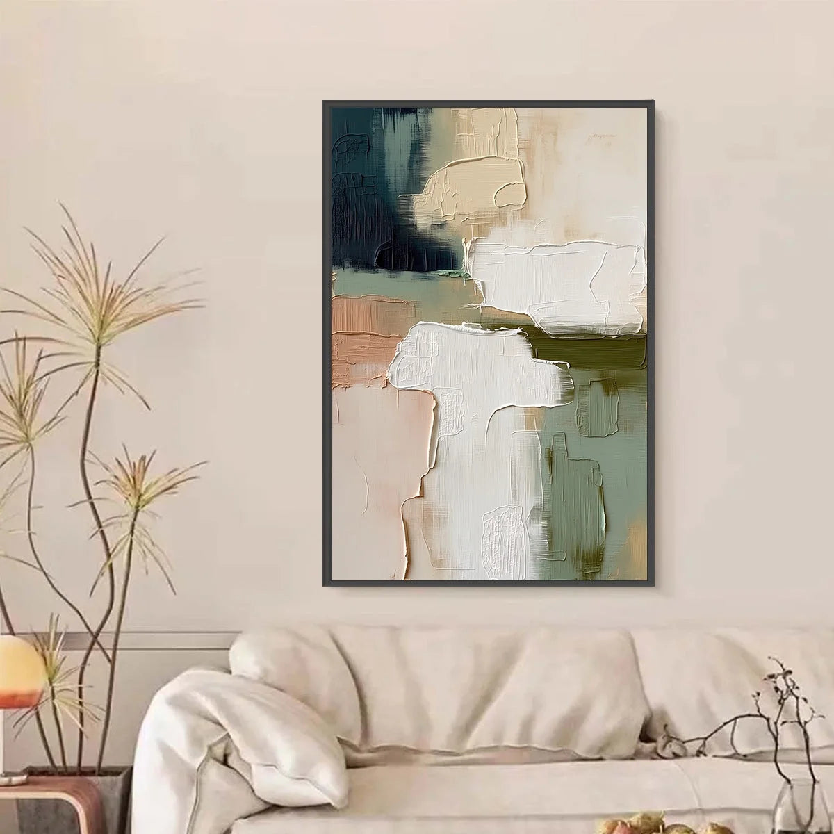 EARTHEN STRATA: Heavily Textured Wabi Sabi Abstract Oil Painting | black frame version on white wall