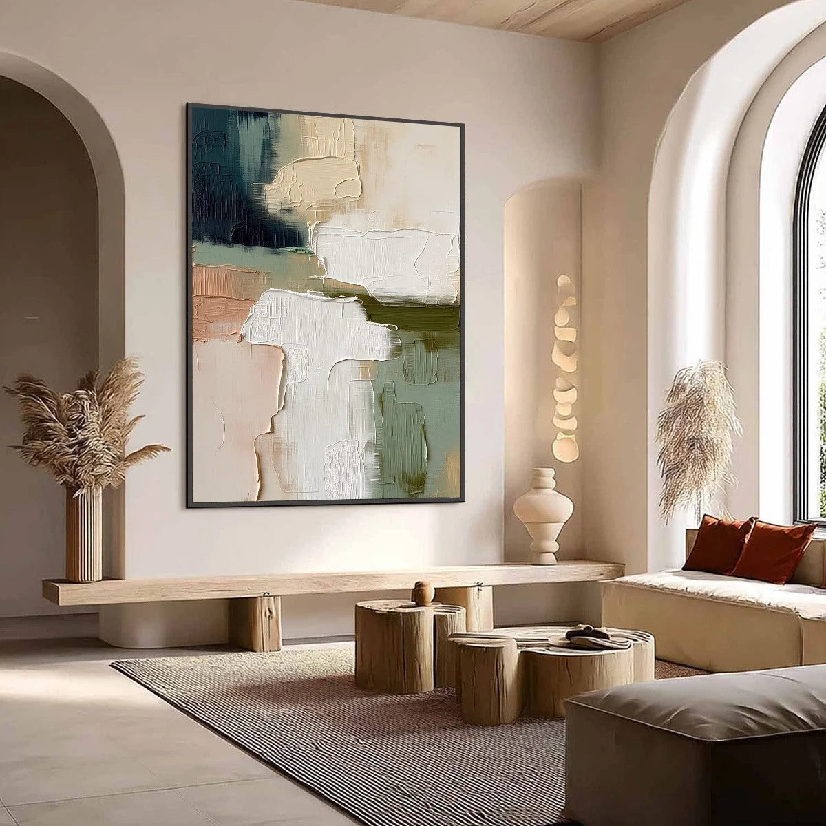 EARTHEN STRATA: Heavily Textured Wabi Sabi Abstract Oil Painting | Abstract mood, soft natural light studio shot