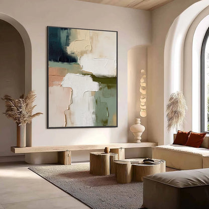EARTHEN STRATA: Heavily Textured Wabi Sabi Abstract Oil Painting | Abstract mood, soft natural light studio shot