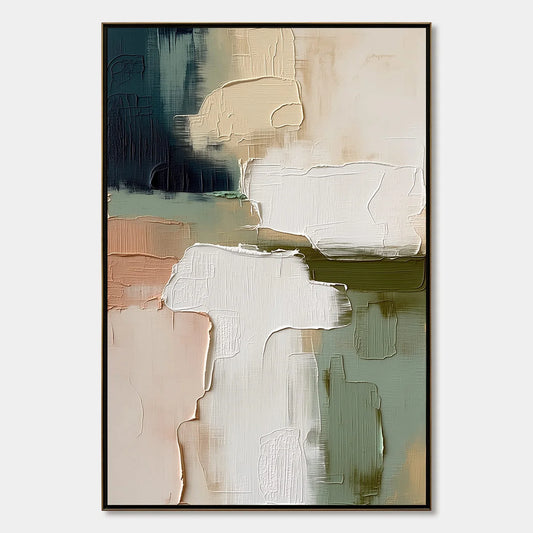 EARTHEN STRATA: Heavily Textured Wabi Sabi Abstract Oil Painting | hanging in EARTHEN STRATA: Heavily Textured Wabi Sabi Abstract Oil Painting featuring layered textured brushwork in refined tones;...