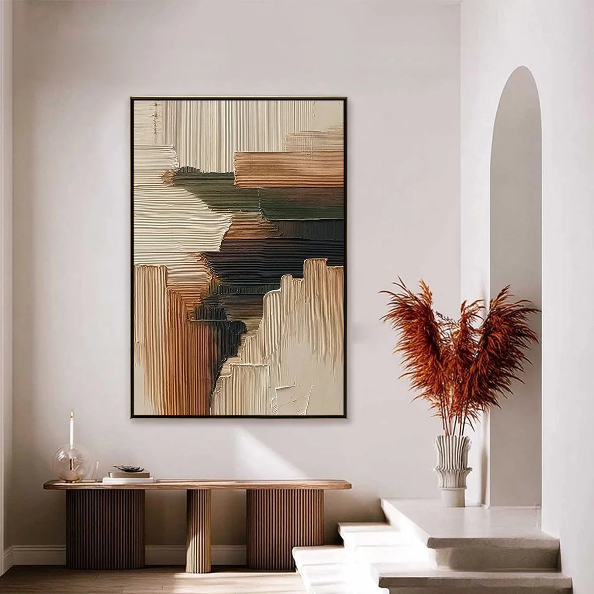 EARTHEN STRATA: Heavily Textured Wabi Sabi Abstract Painting | gold frame stretched on neutral wall