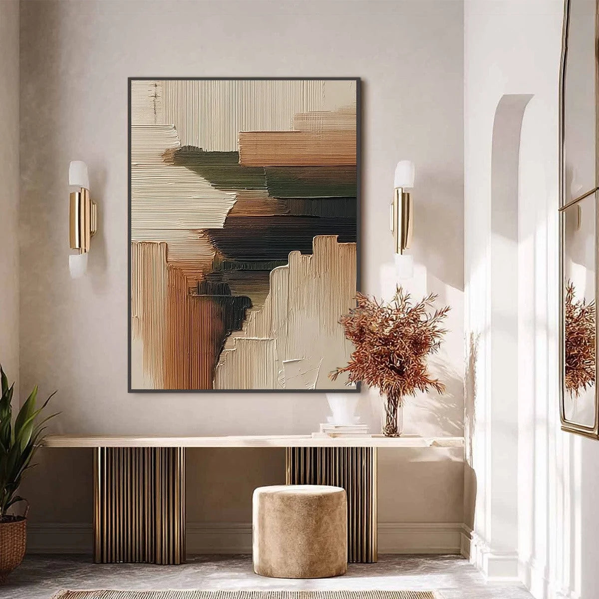 EARTHEN STRATA: Heavily Textured Wabi Sabi Abstract Painting | black frame version on white wall