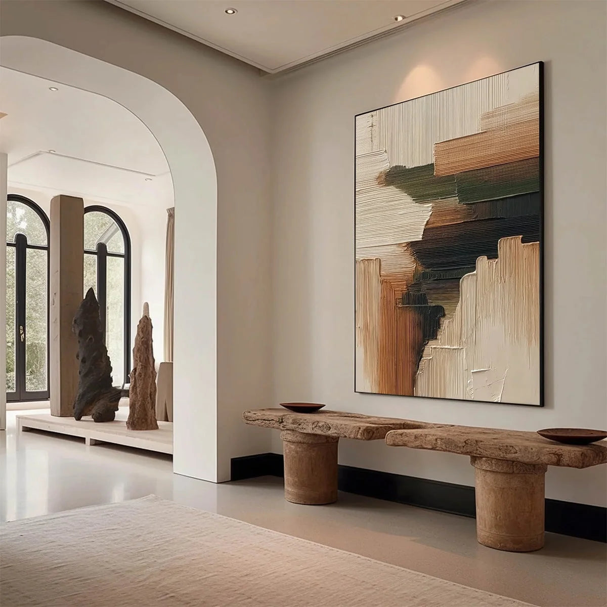 EARTHEN STRATA: Heavily Textured Wabi Sabi Abstract Painting | Abstract mood, soft natural light studio shot