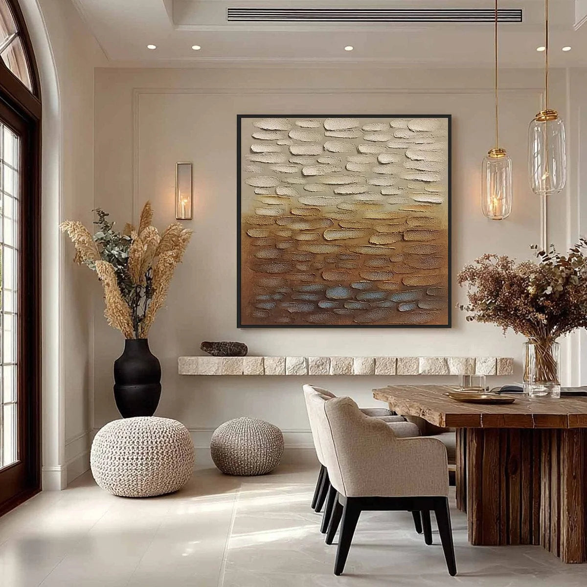 Earthen Strata: Textured Abstract Wabi Sabi Oil Painting on Canvas | gold frame stretched on neutral wall