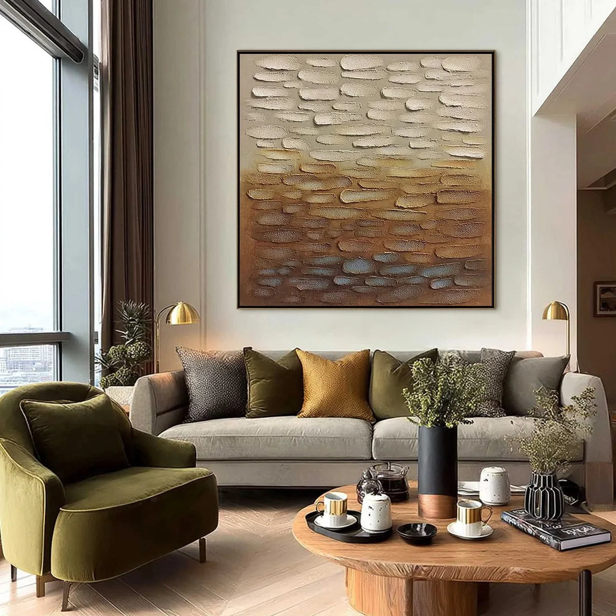 Earthen Strata: Textured Abstract Wabi Sabi Oil Painting on Canvas | black frame version on white wall