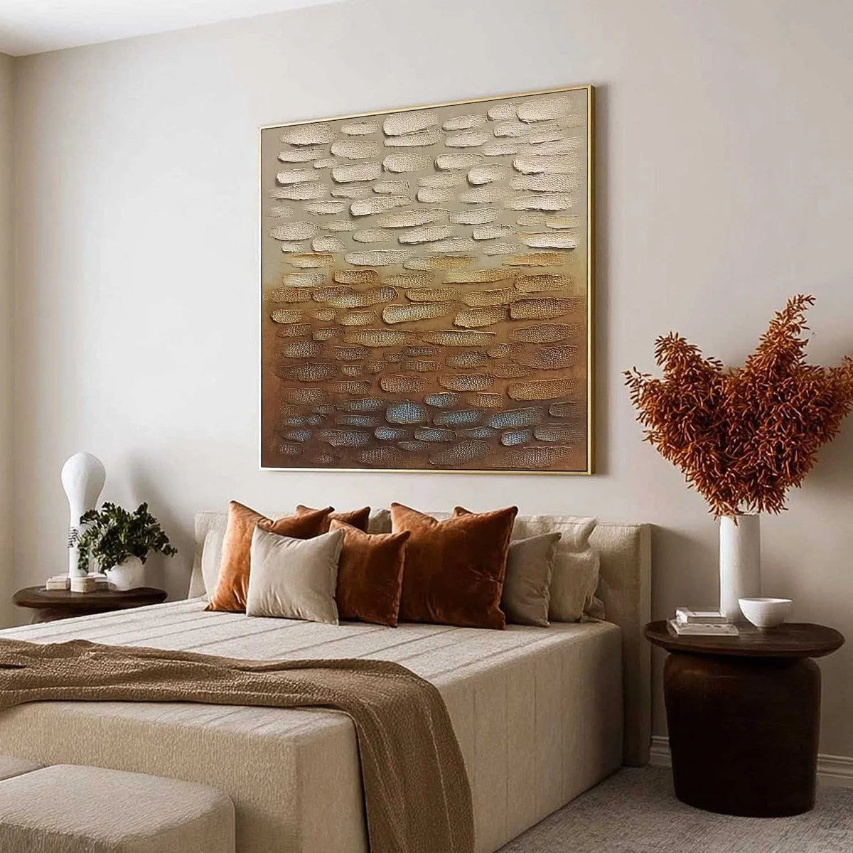 Earthen Strata: Textured Abstract Wabi Sabi Oil Painting on Canvas | Abstract mood, soft natural light studio shot