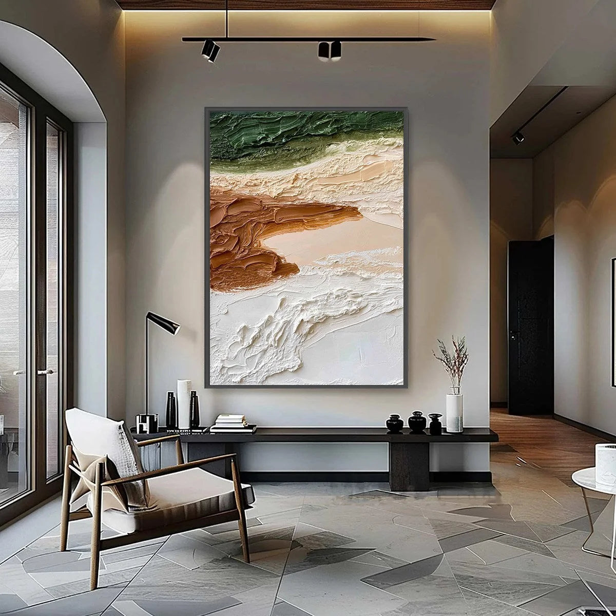 EARTHEN STRATA: Textured Wabi Sabi Abstract Landscape Painting | gold frame stretched on neutral wall