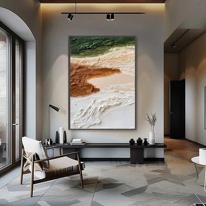 EARTHEN STRATA: Textured Wabi Sabi Abstract Landscape Painting | gold frame stretched on neutral wall