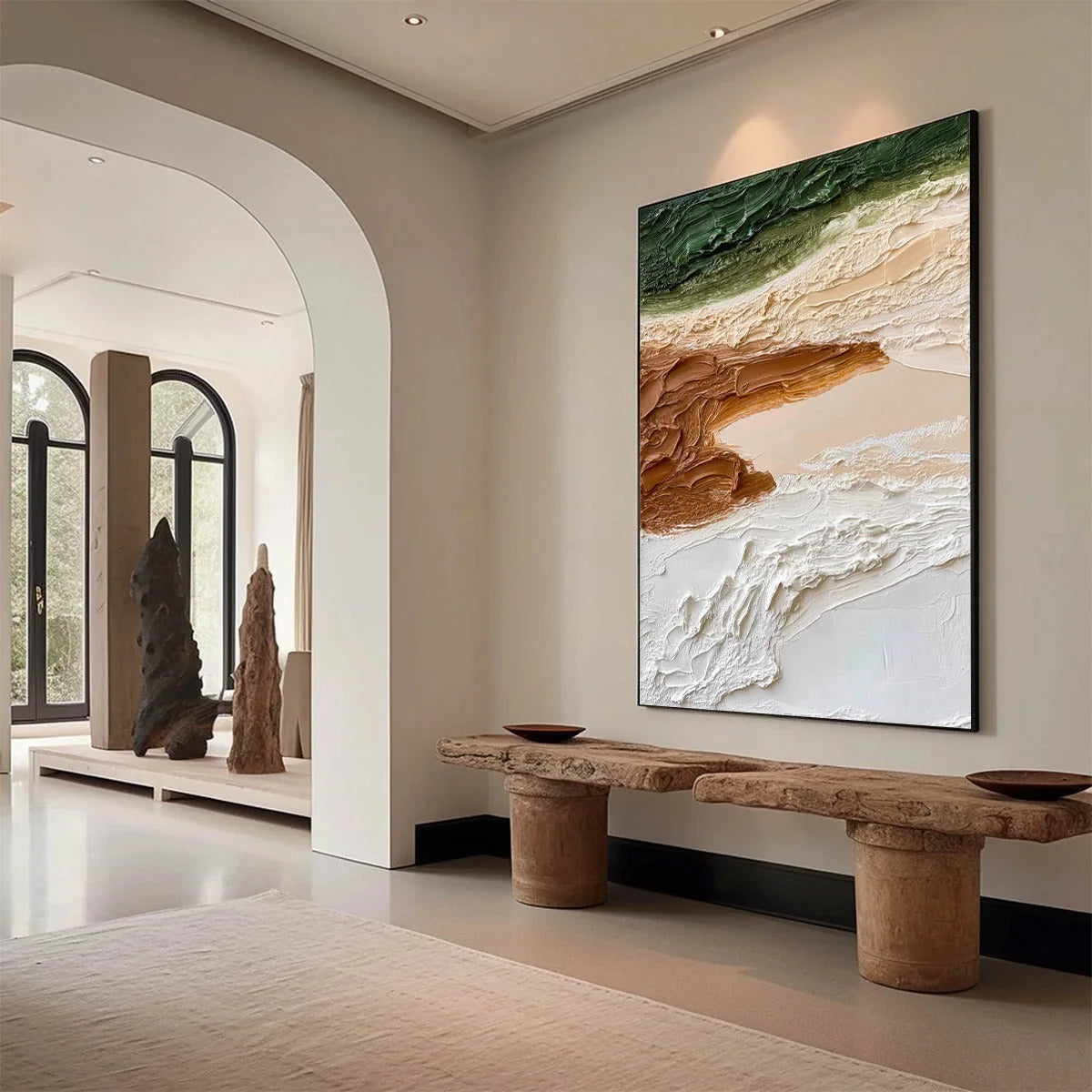 EARTHEN STRATA: Textured Wabi Sabi Abstract Landscape Painting | Abstract mood, soft natural light studio shot