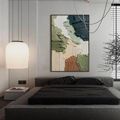 EARTHEN STRATA: Vertical Wabi Sabi Textured Abstract Painting | gold frame stretched on neutral wall
