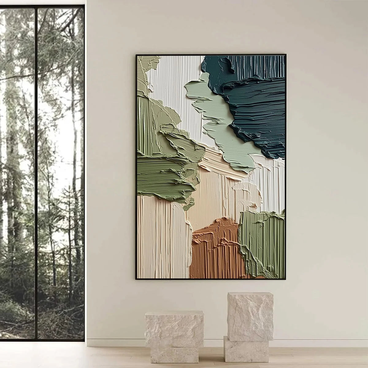 EARTHEN STRATA: Vertical Wabi Sabi Textured Abstract Painting | black frame version on white wall