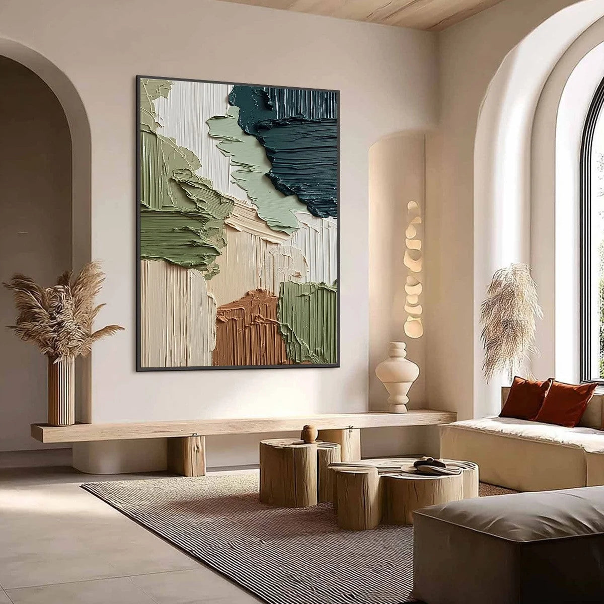 EARTHEN STRATA: Vertical Wabi Sabi Textured Abstract Painting | Abstract mood, soft natural light studio shot