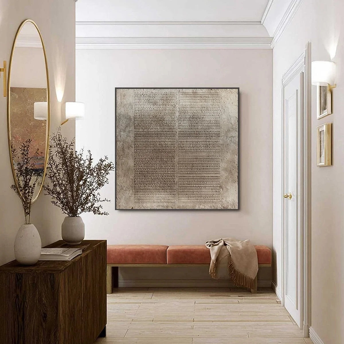 EARTHEN TABLET: Textured Wabi Sabi Minimalist Abstract Painting | black frame version on white wall