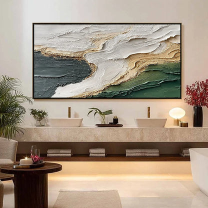 EARTHEN TIDE: Large Textured Wabi Sabi Abstract Landscape Painting | gold frame stretched on neutral wall