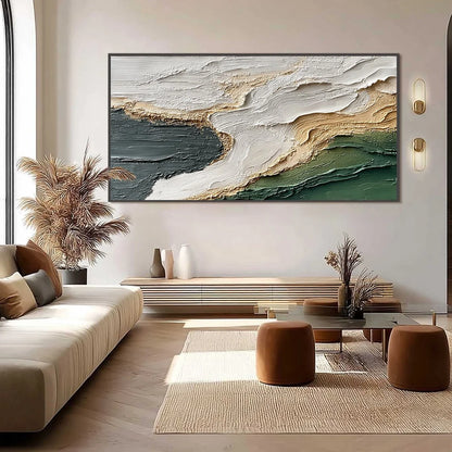 EARTHEN TIDE: Large Textured Wabi Sabi Abstract Landscape Painting | black frame version on white wall