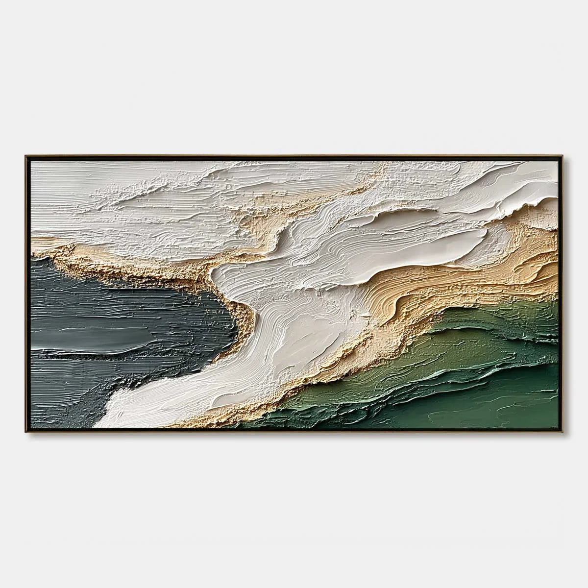 EARTHEN TIDE: Large Textured Wabi Sabi Abstract Landscape Painting | hanging in EARTHEN TIDE: Large Textured Wabi Sabi Abstract Landscape Painting featuring layered textured brushwork in refined to...