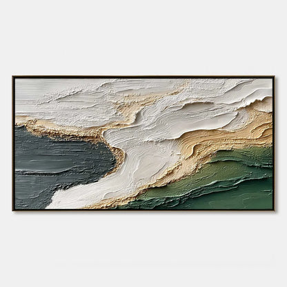 EARTHEN TIDE: Large Textured Wabi Sabi Abstract Landscape Painting | hanging in EARTHEN TIDE: Large Textured Wabi Sabi Abstract Landscape Painting featuring layered textured brushwork in refined to...