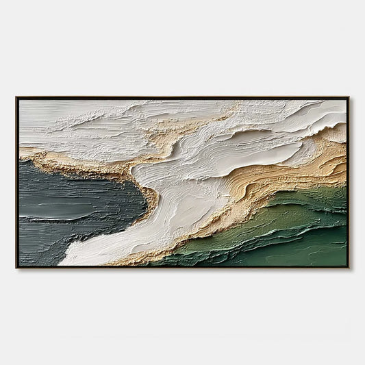 EARTHEN TIDE: Large Textured Wabi Sabi Abstract Landscape Painting | hanging in EARTHEN TIDE: Large Textured Wabi Sabi Abstract Landscape Painting featuring layered textured brushwork in refined to...