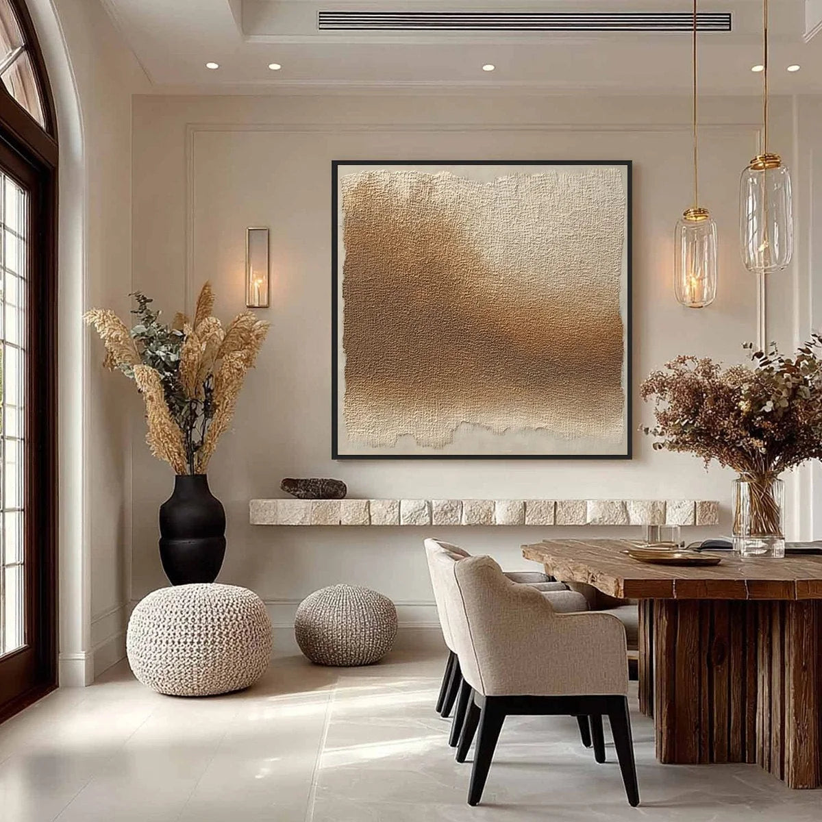 EARTHEN VEIL: Large Textured Wabi Sabi Abstract Painting | gold frame stretched on neutral wall