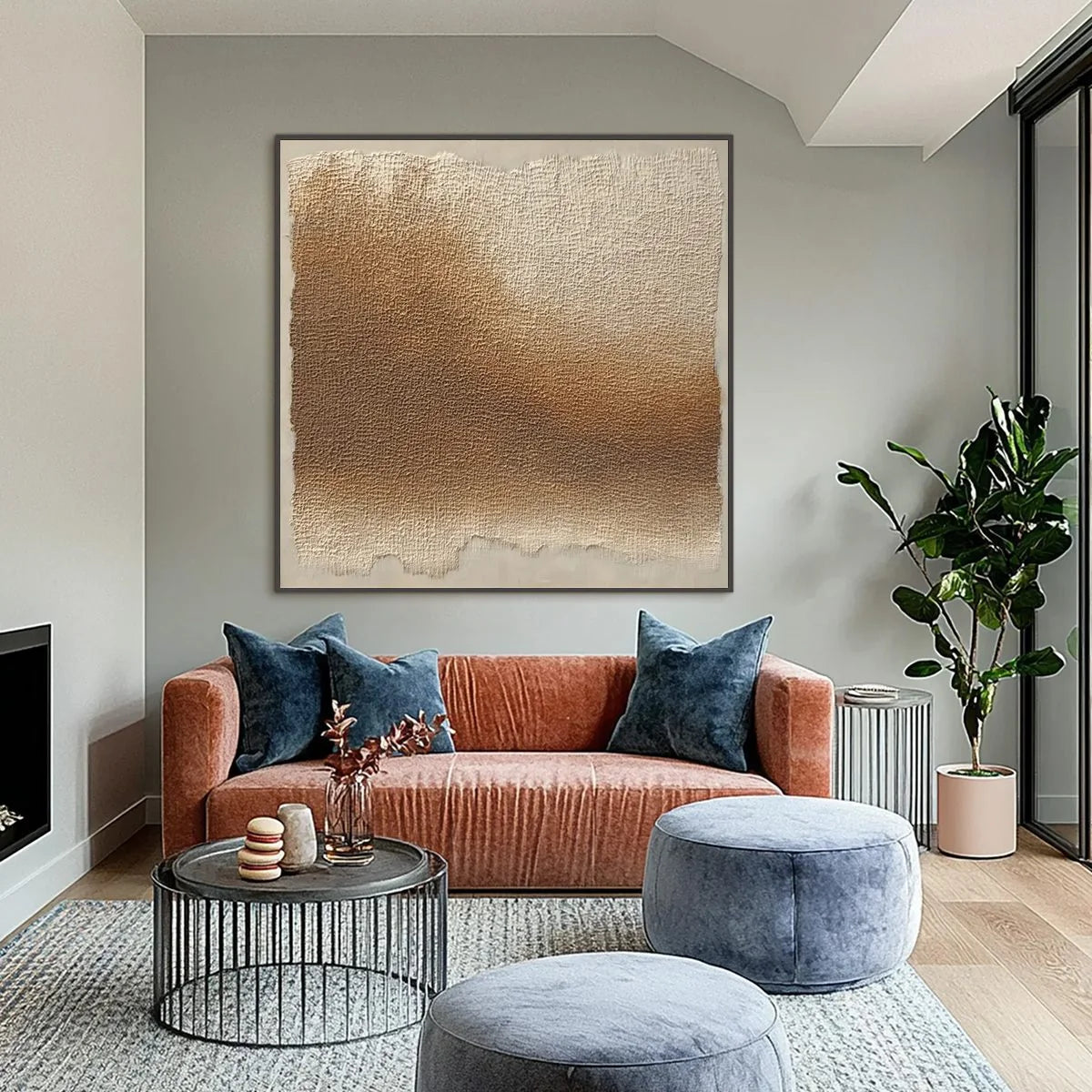 EARTHEN VEIL: Large Textured Wabi Sabi Abstract Painting | black frame version on white wall