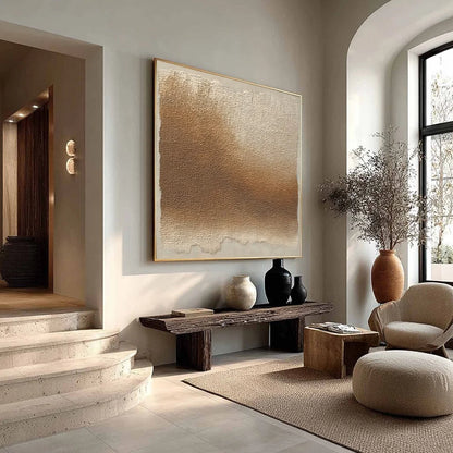EARTHEN VEIL: Large Textured Wabi Sabi Abstract Painting | beige palette, original Hand-painted on premium stretched canvas using artist-grade oils; rich layered surface combines smooth gradients w...