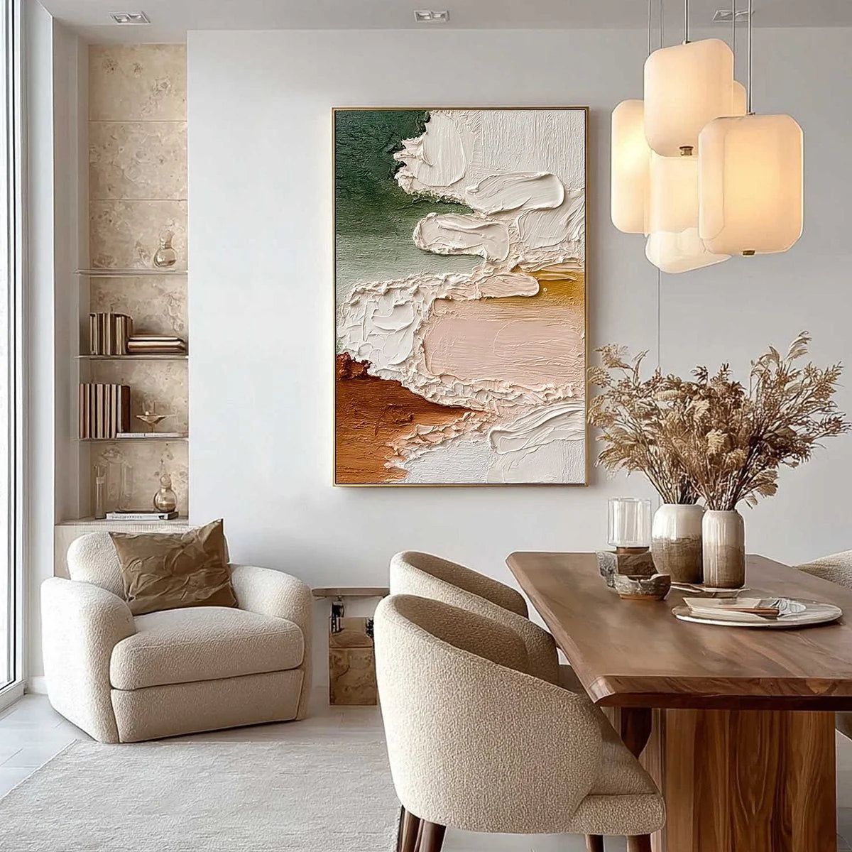 EARTHEN VEIL: Textured Abstract Earth Tone Impasto Wall Art | gold frame stretched on neutral wall