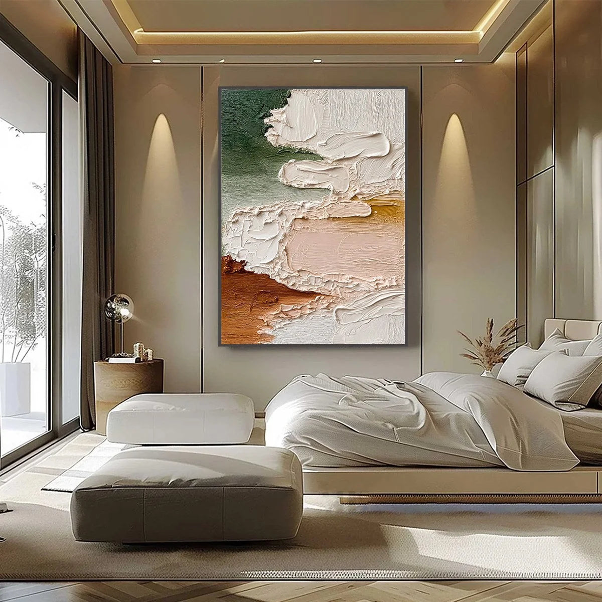 EARTHEN VEIL: Textured Abstract Earth Tone Impasto Wall Art | black frame version on white wall