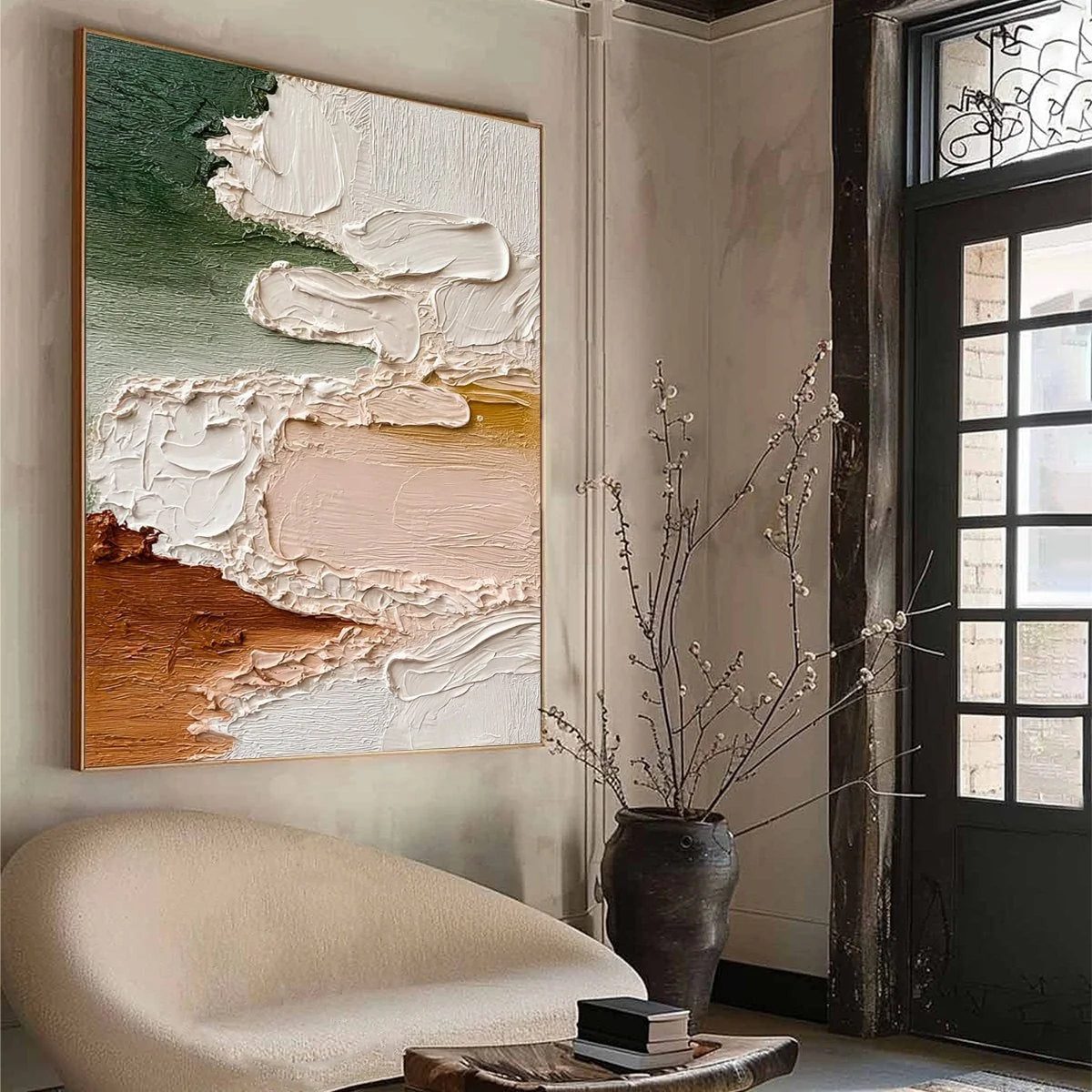 EARTHEN VEIL: Textured Abstract Earth Tone Impasto Wall Art | beige palette, original Hand-painted on premium stretched canvas using artist-grade oils; rich layered surface combines smooth gradient...