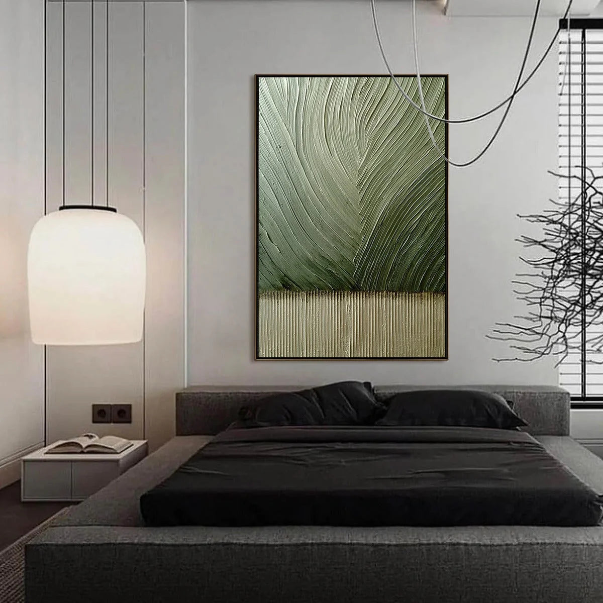 EARTHEN WEAVE: Textured Green and Beige Wabi Sabi Abstract Painting | gold frame stretched on neutral wall