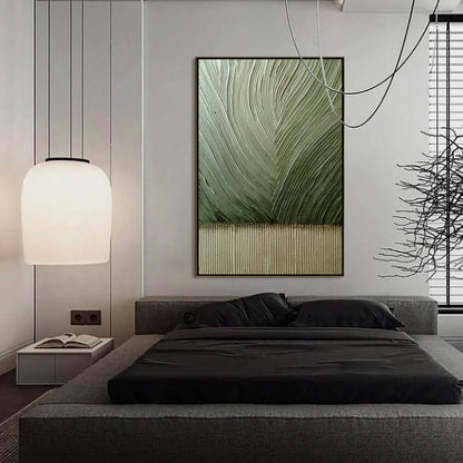 EARTHEN WEAVE: Textured Green and Beige Wabi Sabi Abstract Painting | gold frame stretched on neutral wall