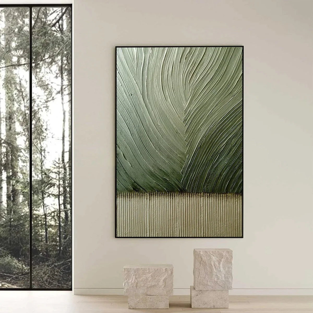 EARTHEN WEAVE: Textured Green and Beige Wabi Sabi Abstract Painting | black frame version on white wall
